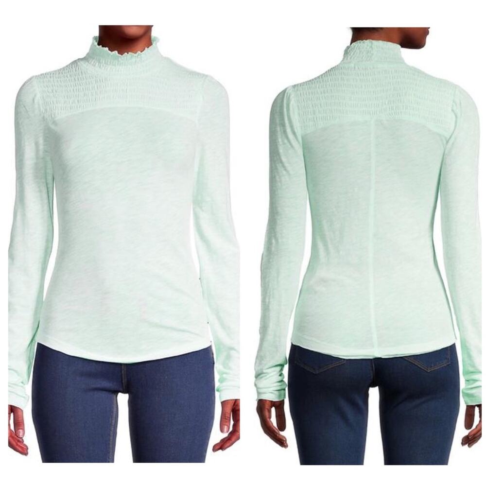 NWT Free People Caroline Aqua Smocked Turtleneck Lightweight Jersey Top Small